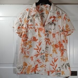 Kate Hill Floral Print Silk Top Short Sleeve Orange White Button Up Size Large